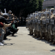 Protestors meeting with National Guard members at the "ICE out of LA" protest on Sunday.